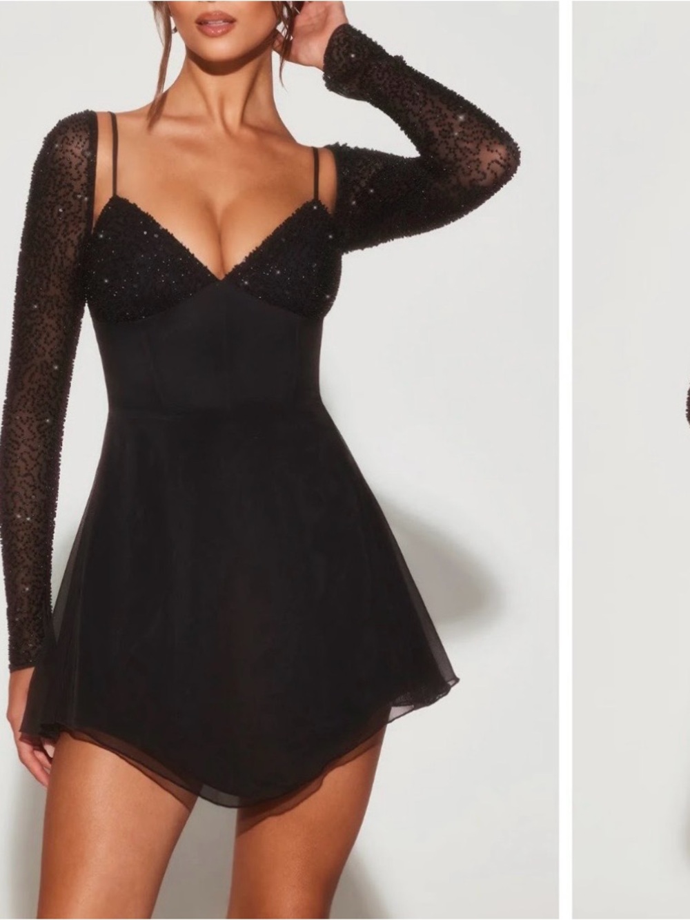 Oh Polly- Embellished Long Sleeve Angled Hem Mini Dress in Black